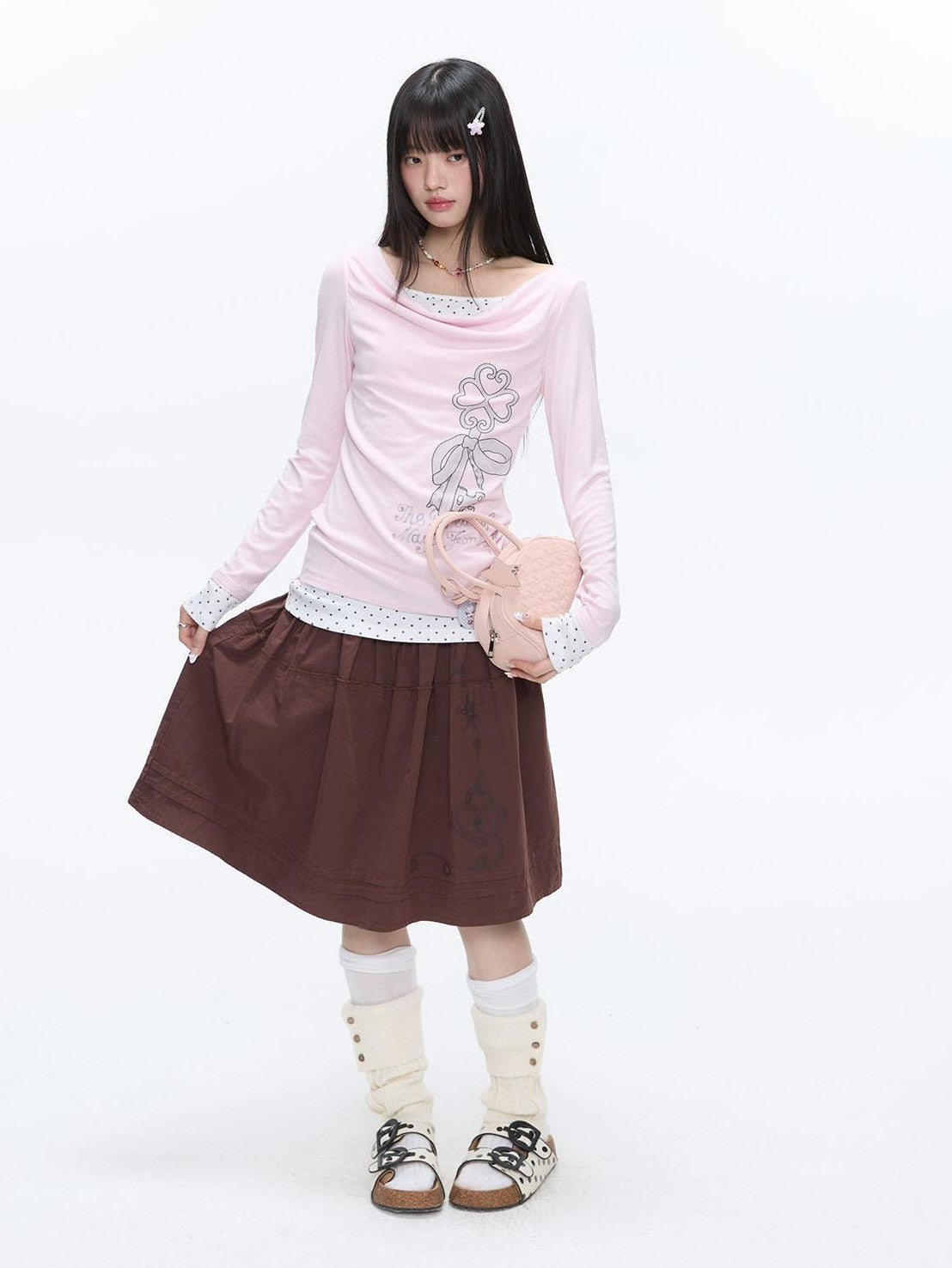 BETWEENAND Red Brown Heart Lock Vine Print High Waist Women&