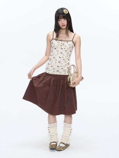 BETWEENAND Red Brown Heart Lock Vine Print High Waist Women&