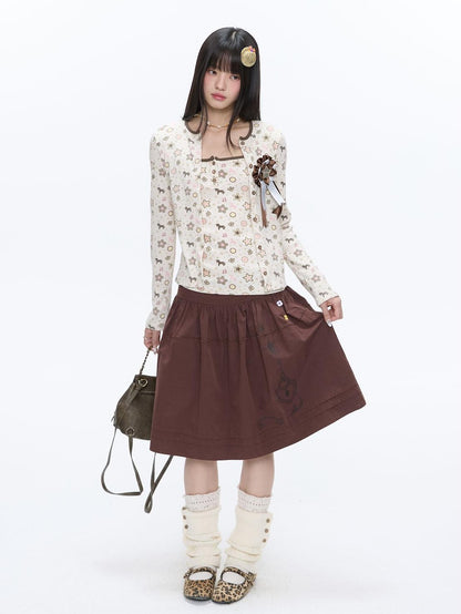 BETWEENAND Red Brown Heart Lock Vine Print High Waist Women&