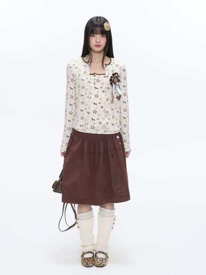 BETWEENAND Red Brown Heart Lock Vine Print High Waist Women&