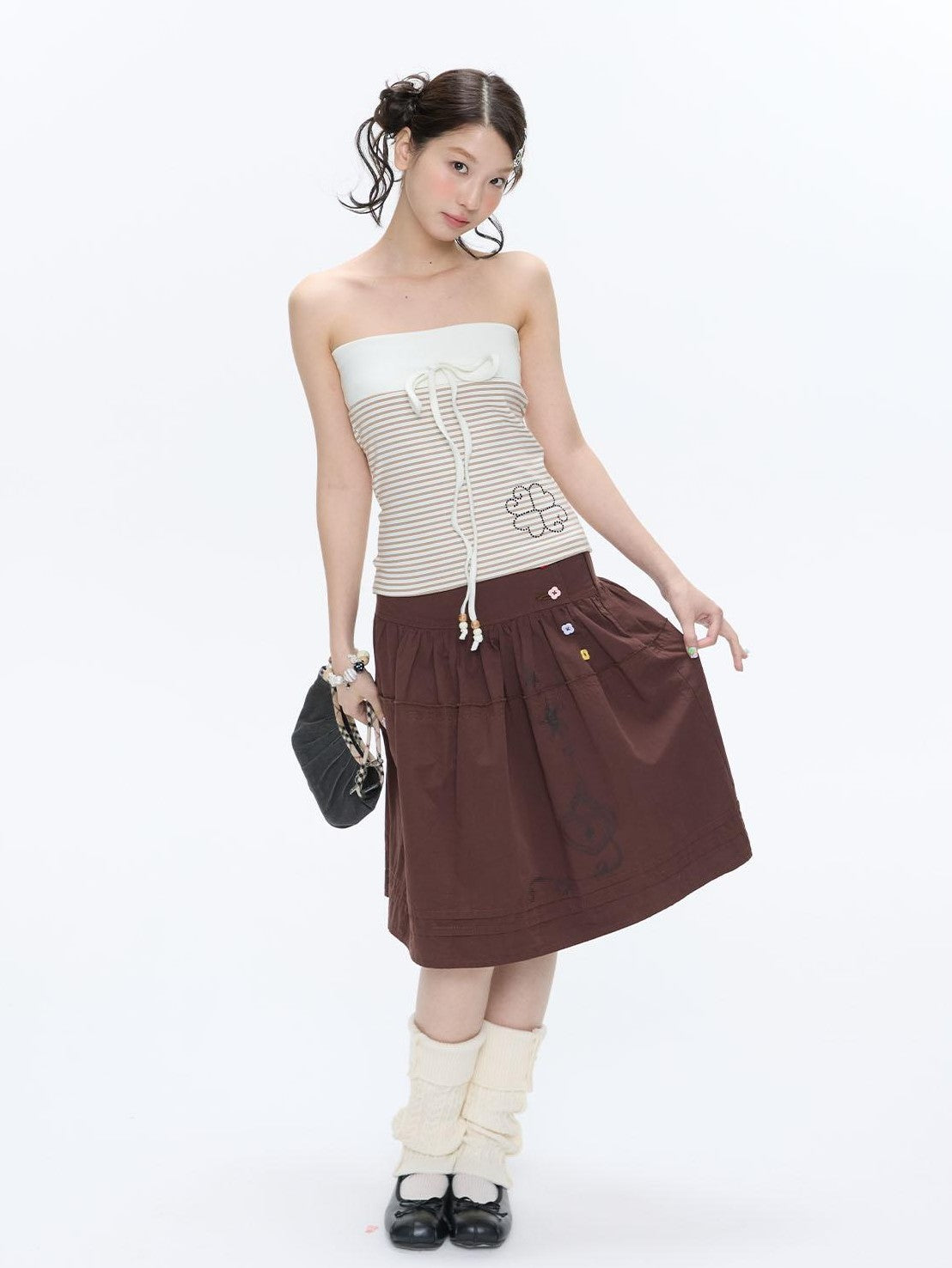BETWEENAND Red Brown Heart Lock Vine Print High Waist Women&