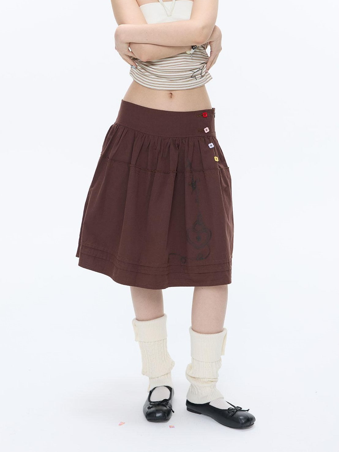 BETWEENAND Red Brown Heart Lock Vine Print High Waist Women&