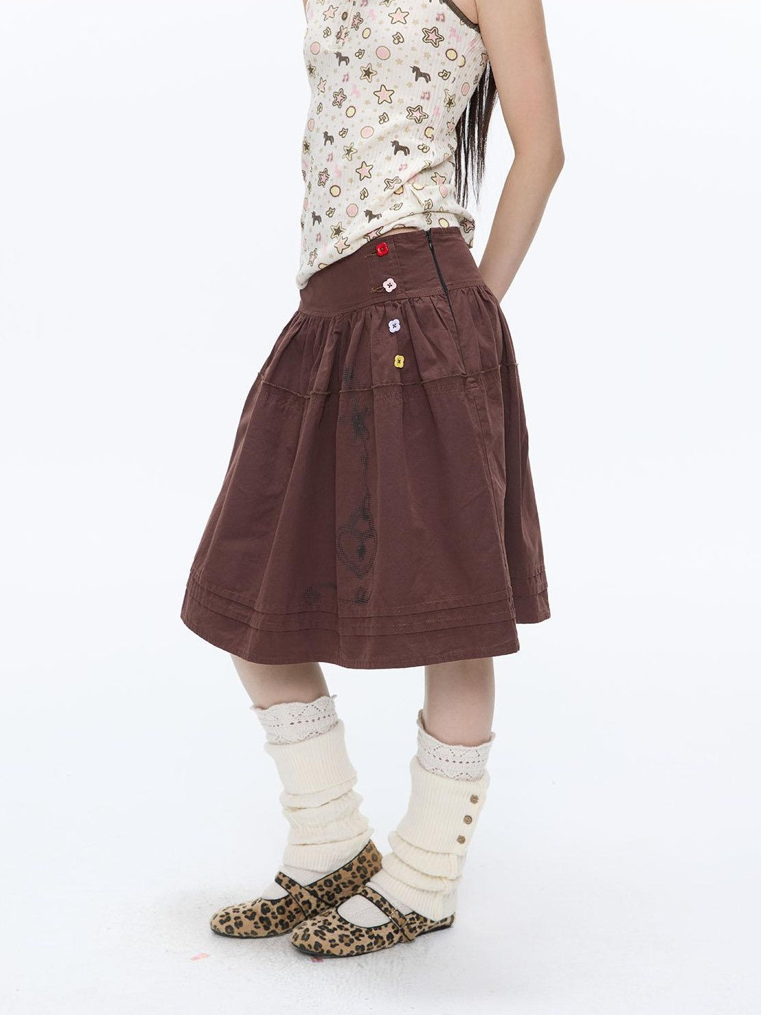 BETWEENAND Red Brown Heart Lock Vine Print High Waist Women&