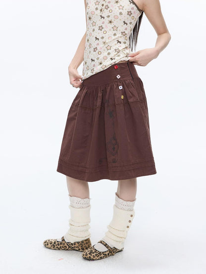 BETWEENAND Red Brown Heart Lock Vine Print High Waist Women&