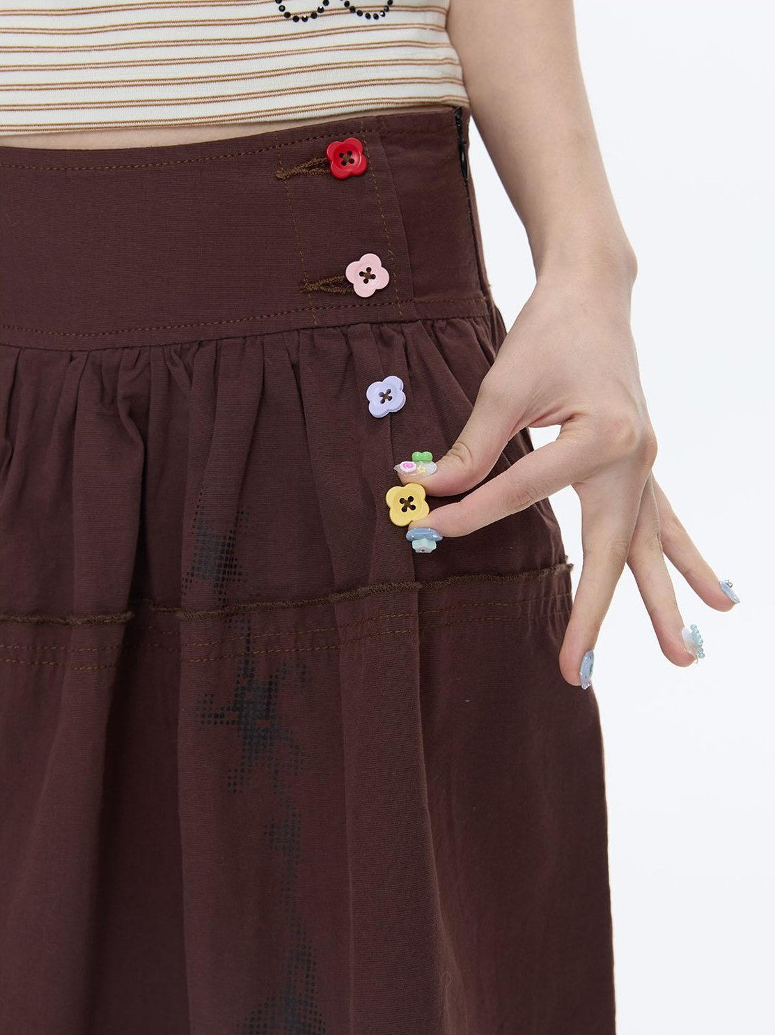 BETWEENAND Red Brown Heart Lock Vine Print High Waist Women&