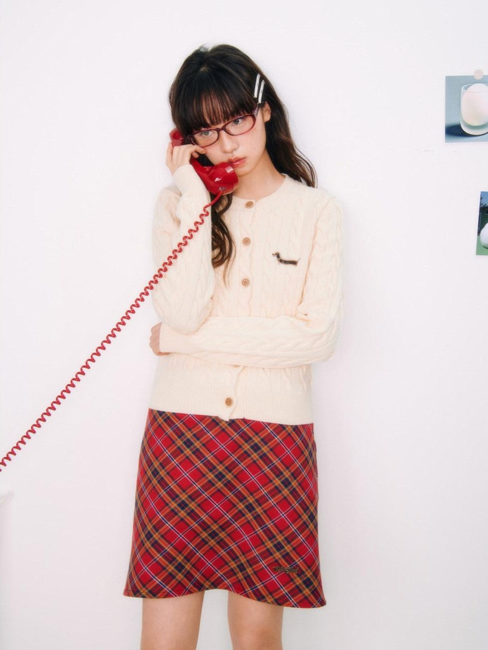 BETWEENAND Red Plaid Embroidered A Line Mid Waist Women&