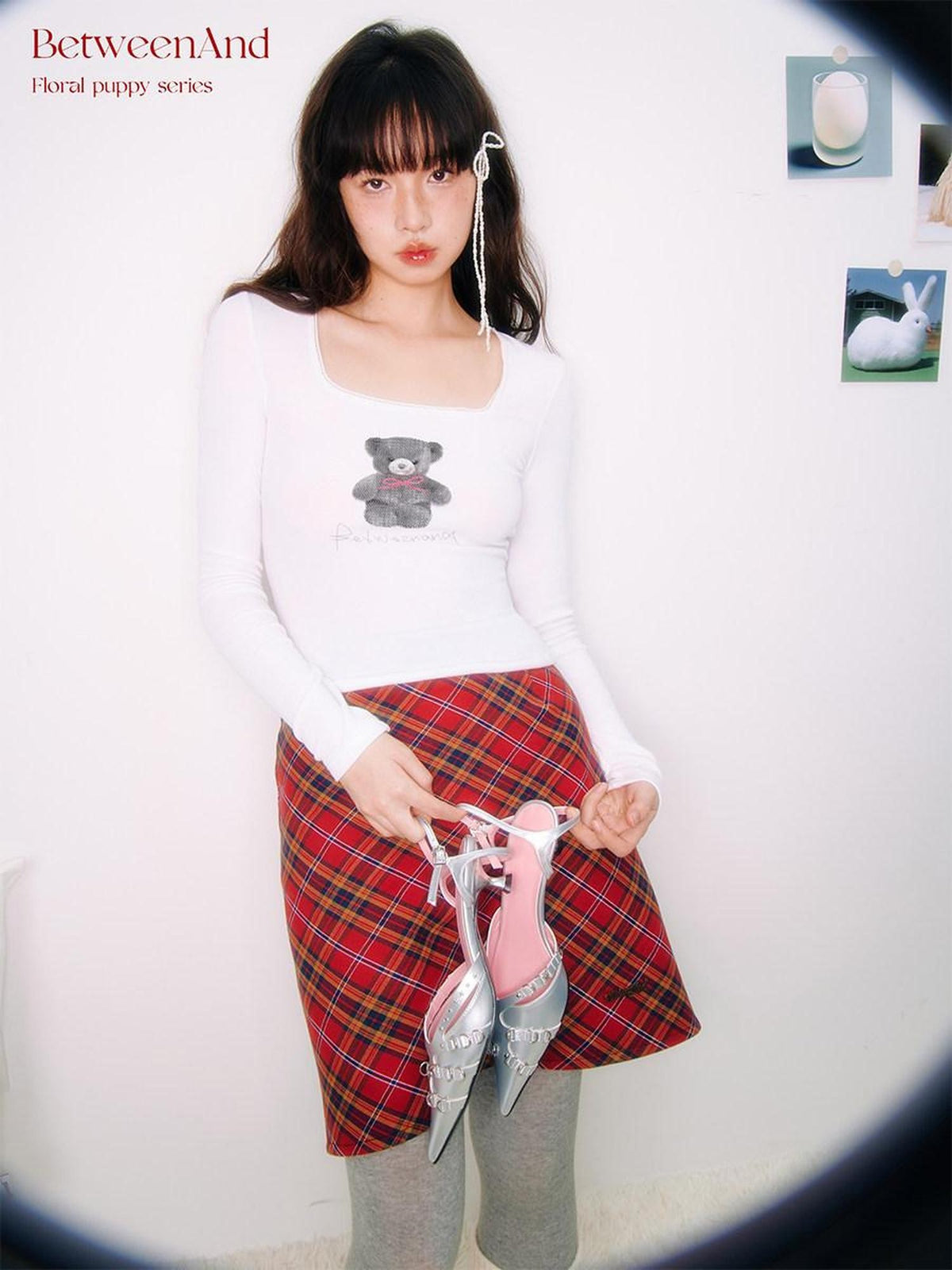 BETWEENAND Red Plaid Embroidered A Line Mid Waist Women&