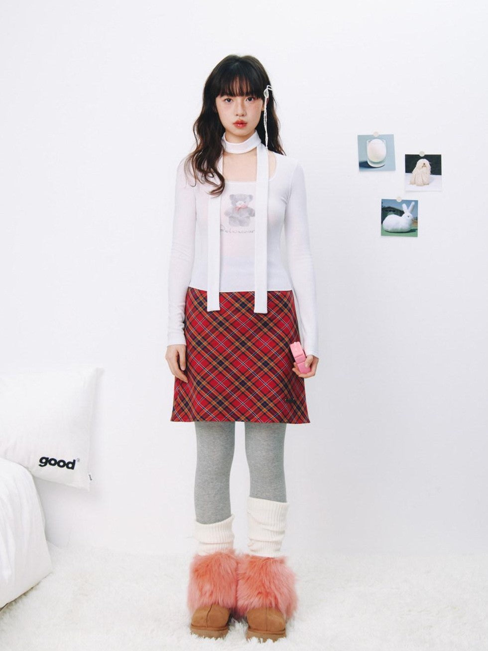 BETWEENAND Red Plaid Embroidered A Line Mid Waist Women&