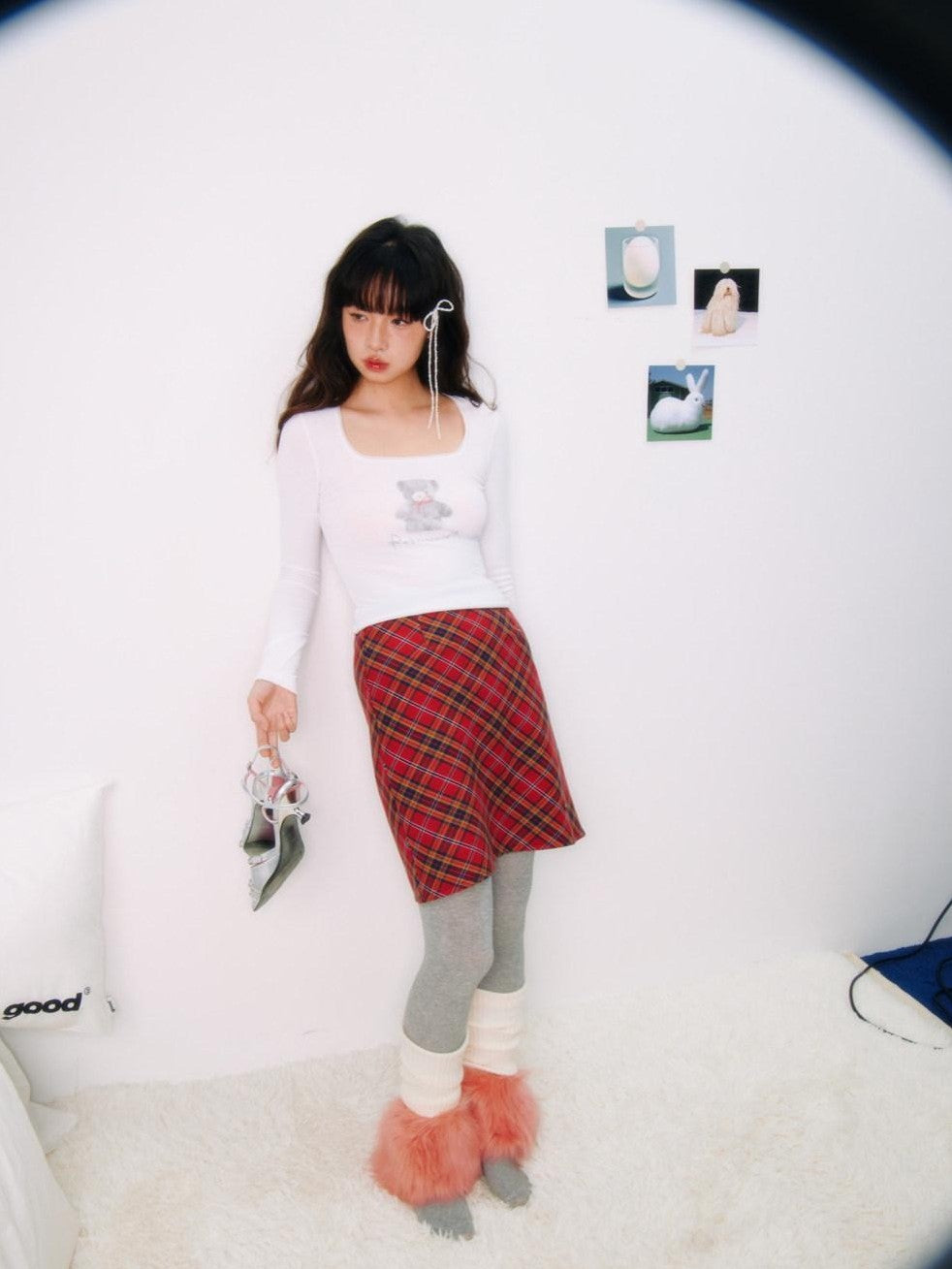 BETWEENAND Red Plaid Embroidered A Line Mid Waist Women&