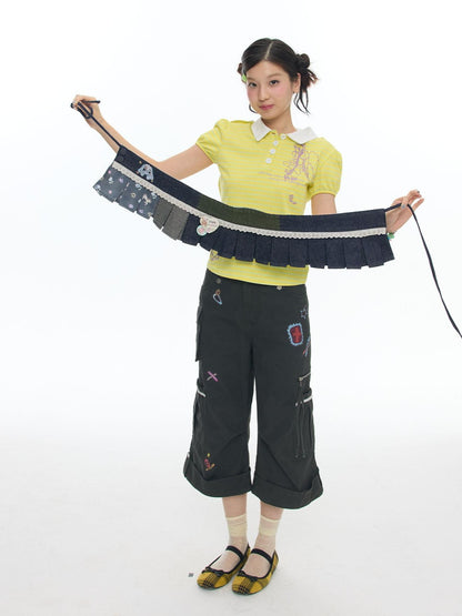 BETWEENAND Retro Blue Denim Striped Layered Hem Women&