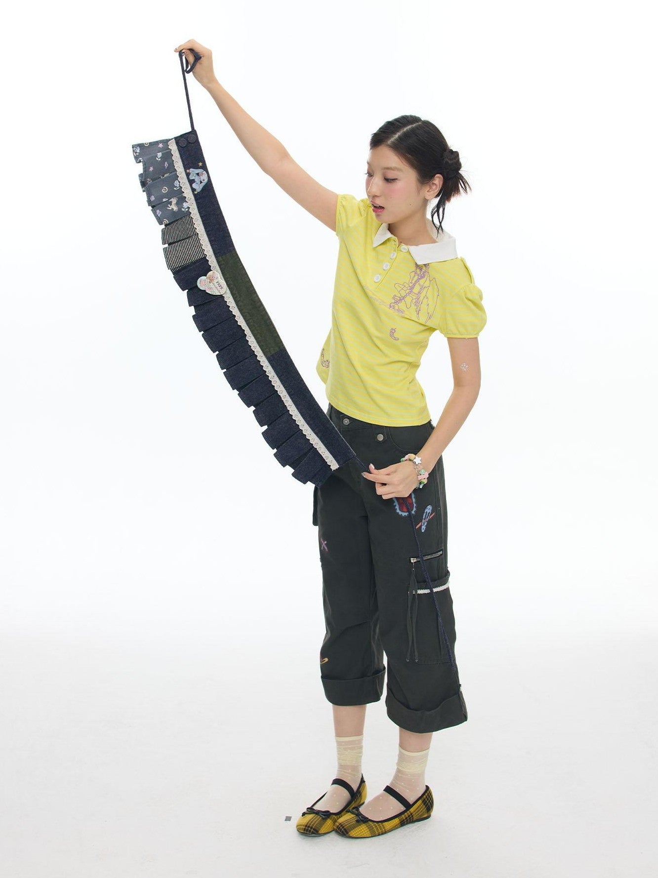 BETWEENAND Retro Blue Denim Striped Layered Hem Women&