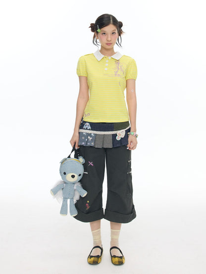 BETWEENAND Retro Blue Denim Striped Layered Hem Women&