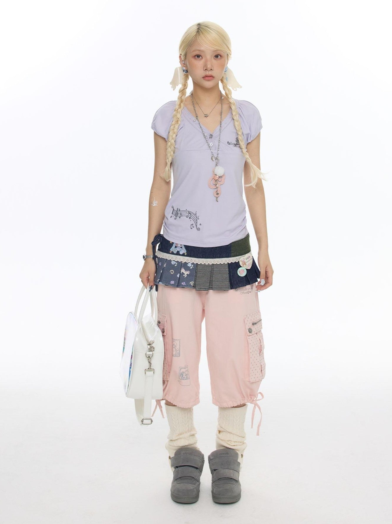 BETWEENAND Retro Blue Denim Striped Layered Hem Women&