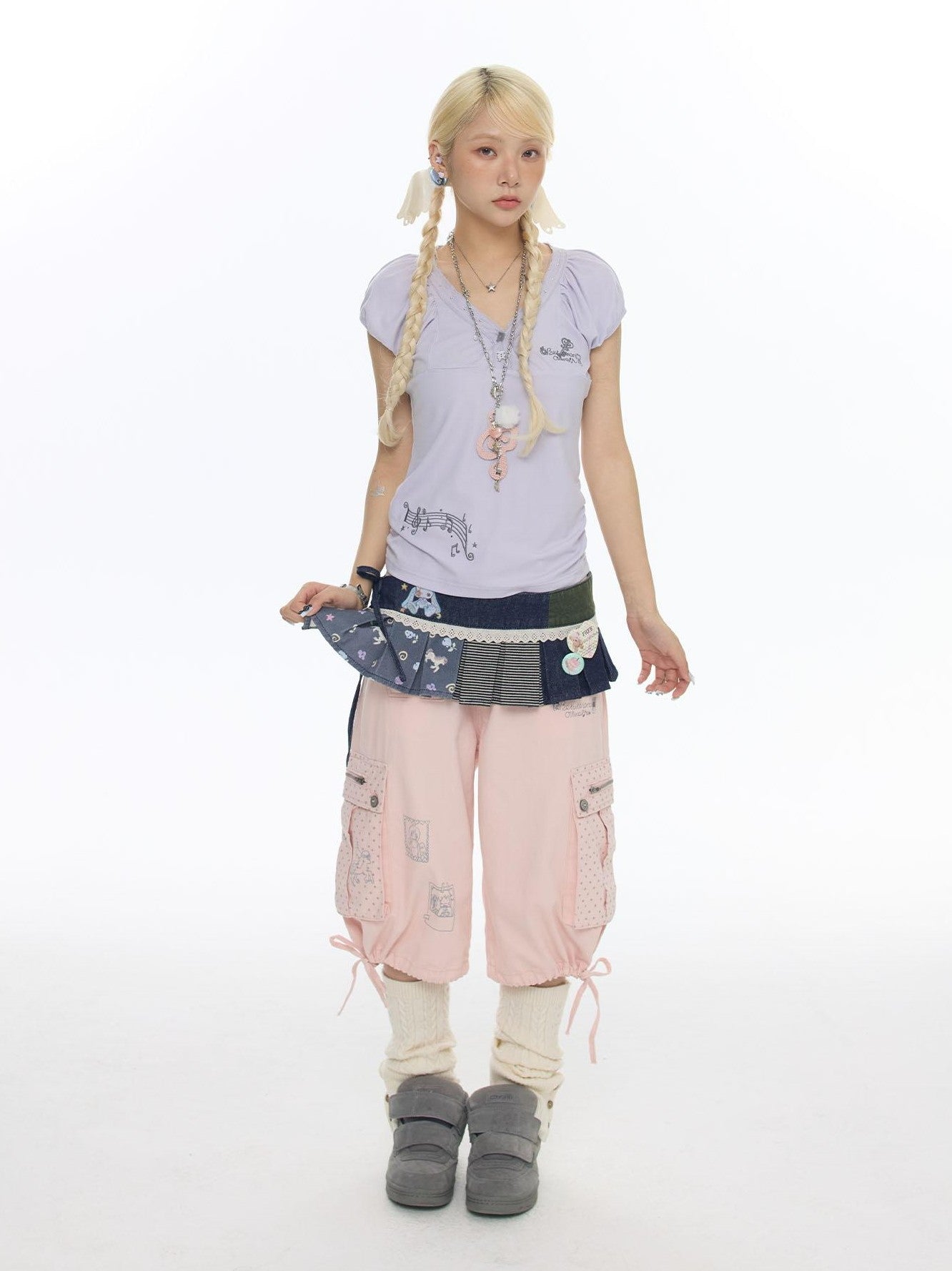 BETWEENAND Retro Blue Denim Striped Layered Hem Women&