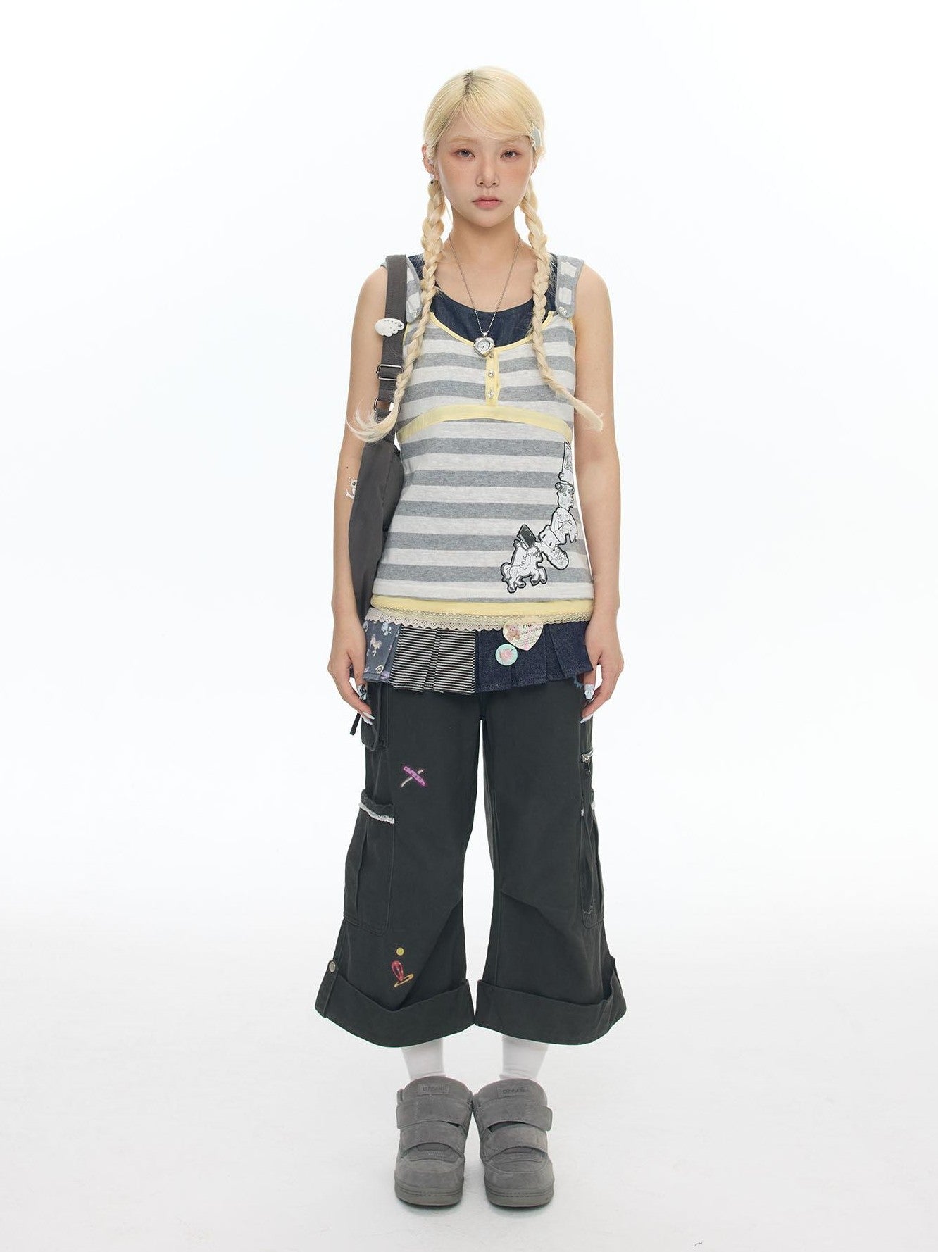 BETWEENAND Retro Blue Denim Striped Layered Hem Women&