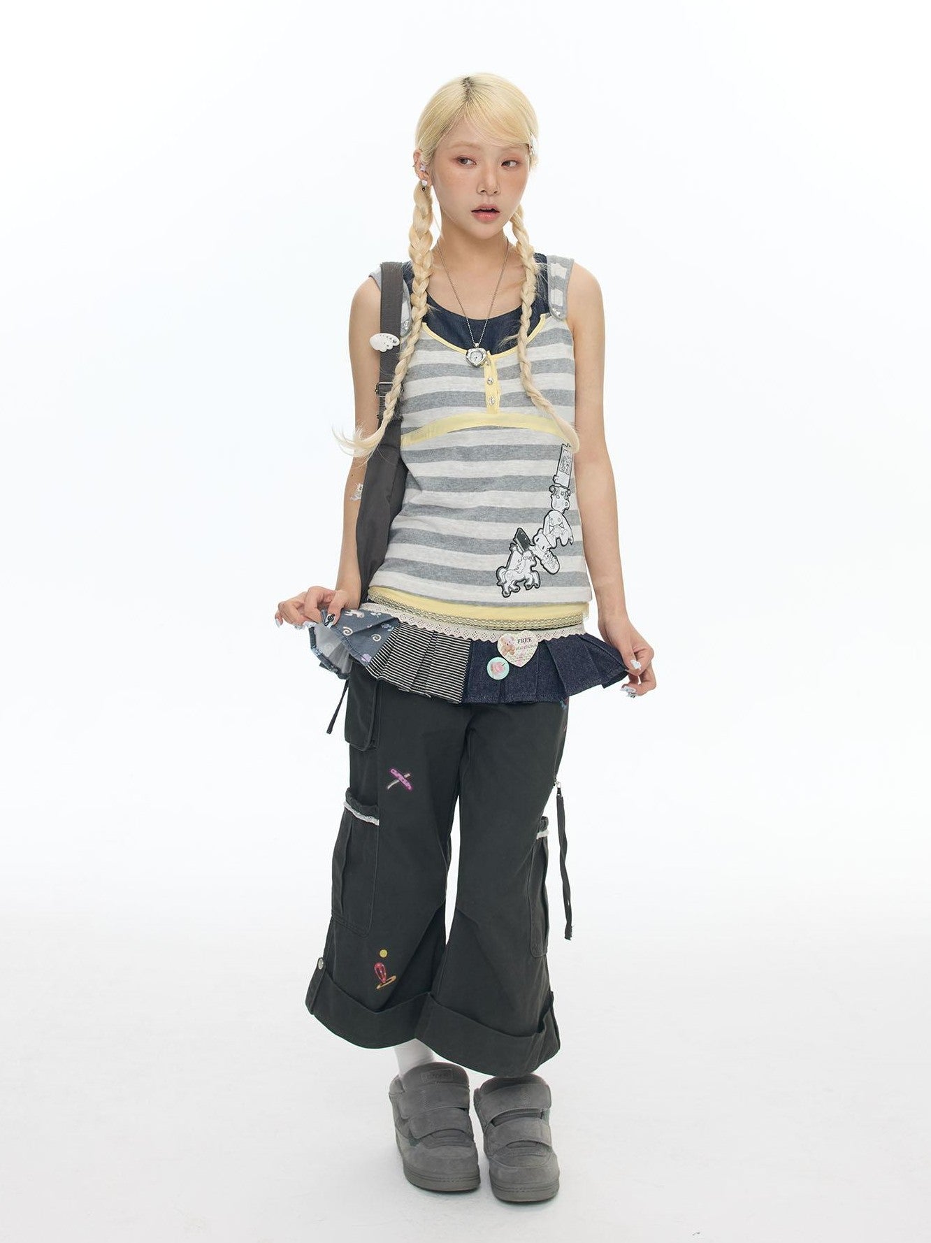 BETWEENAND Retro Blue Denim Striped Layered Hem Women&