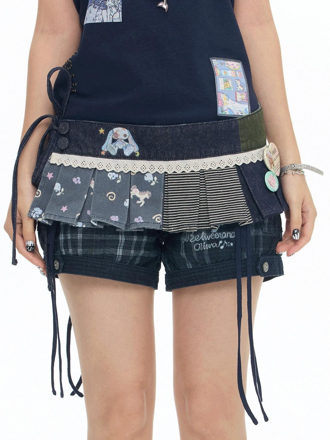 BETWEENAND Retro Blue Denim Striped Layered Hem Women&