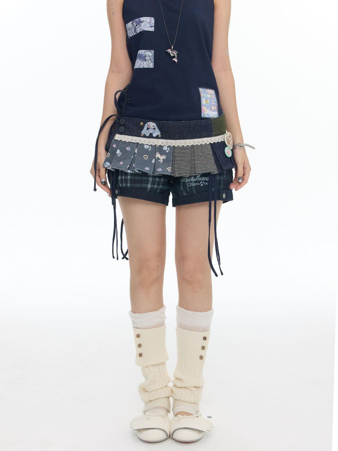 BETWEENAND Retro Blue Denim Striped Layered Hem Women&