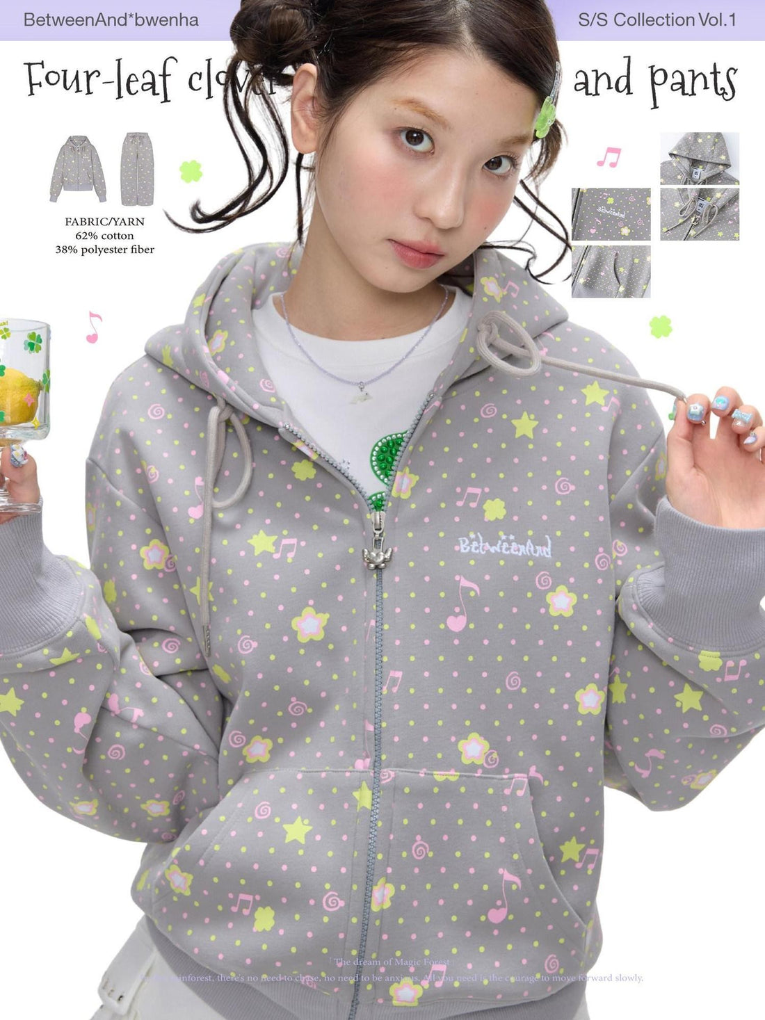 BETWEENAND Retro Four Leaf Clover Hooded Zip Women&