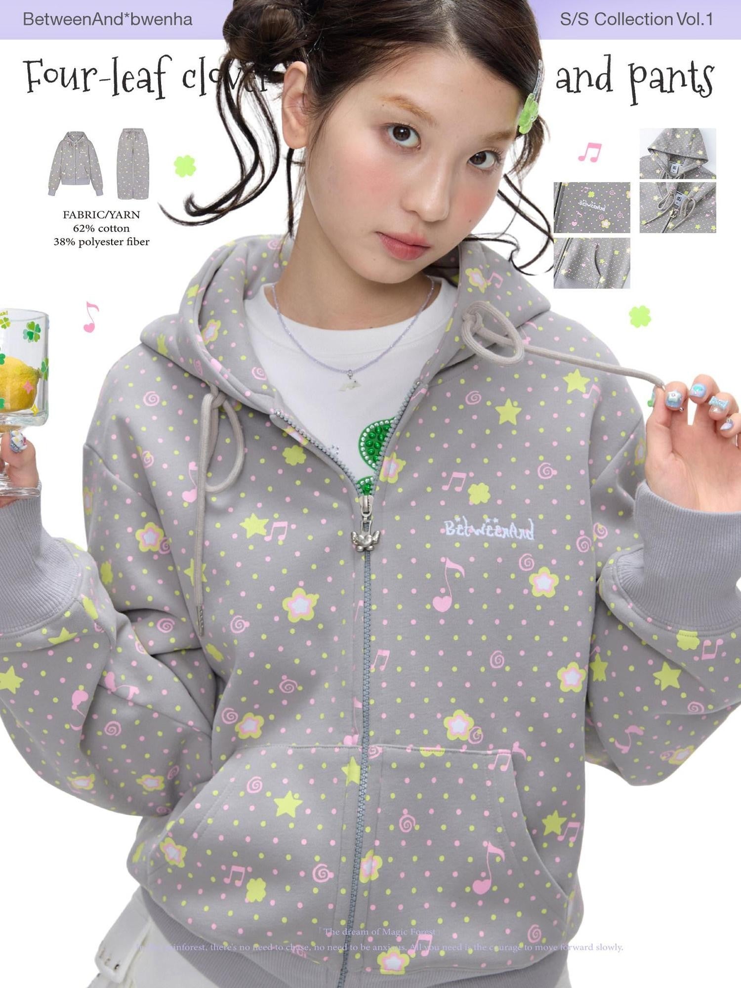 BETWEENAND Retro Four Leaf Clover Hooded Zip Women&