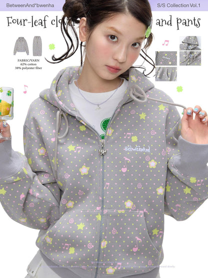 BETWEENAND Retro Four Leaf Clover Hooded Zip Women&