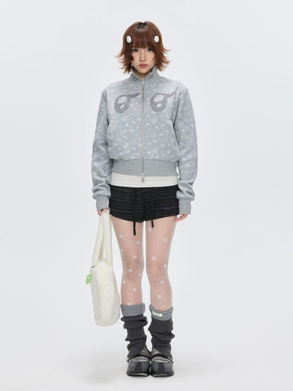 BETWEENAND Rhinestone Big Eye Allover Print Cropped Women&