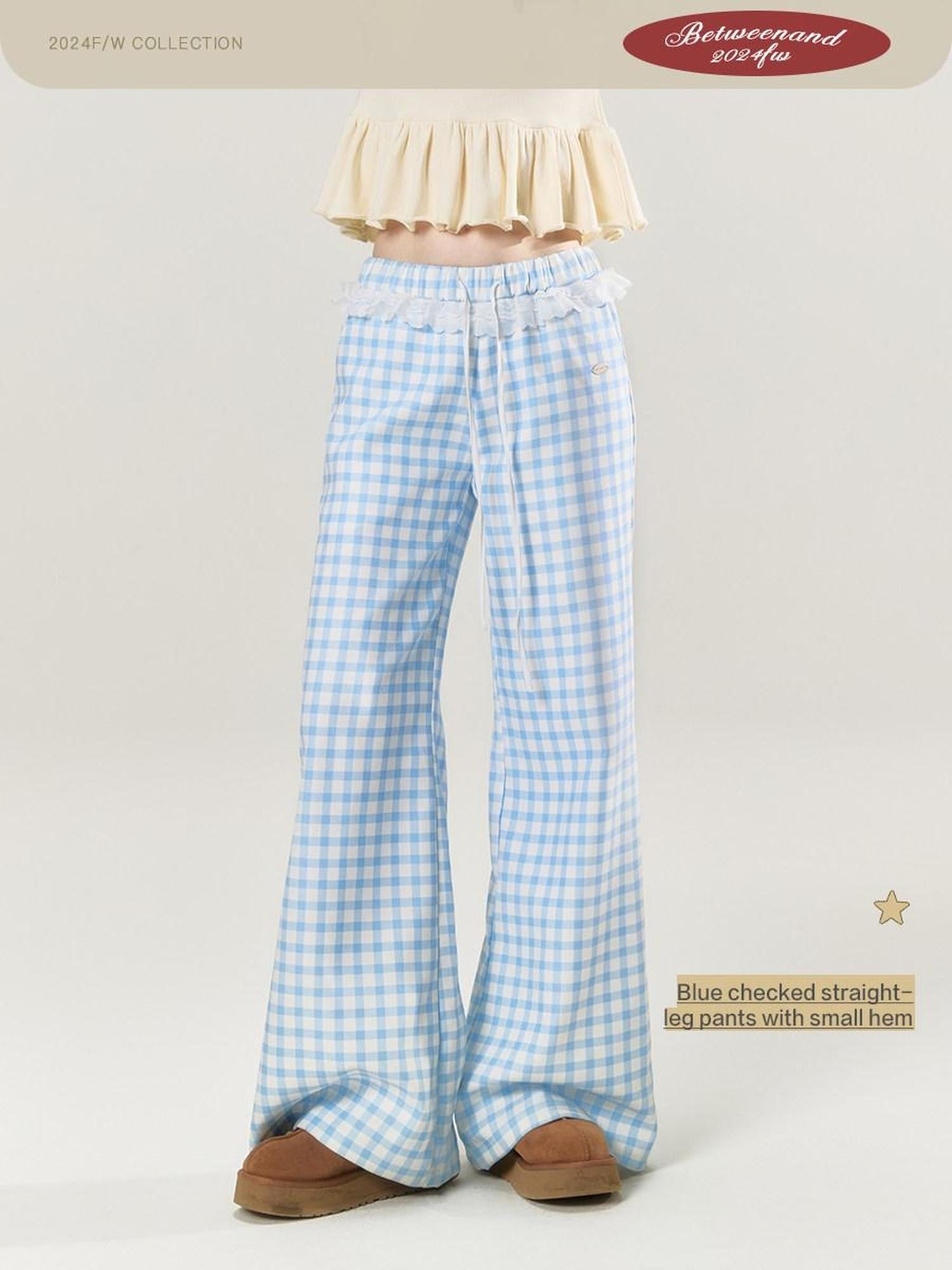 BETWEENAND Sky Blue Plaid Lace Trim Slimming Women&