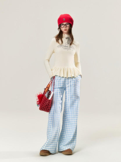 BETWEENAND Sky Blue Plaid Lace Trim Slimming Women&