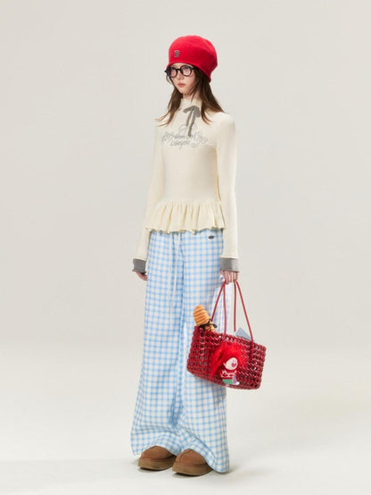 BETWEENAND Sky Blue Plaid Lace Trim Slimming Women&