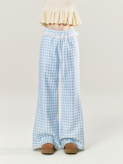 BETWEENAND Sky Blue Plaid Lace Trim Slimming Women&