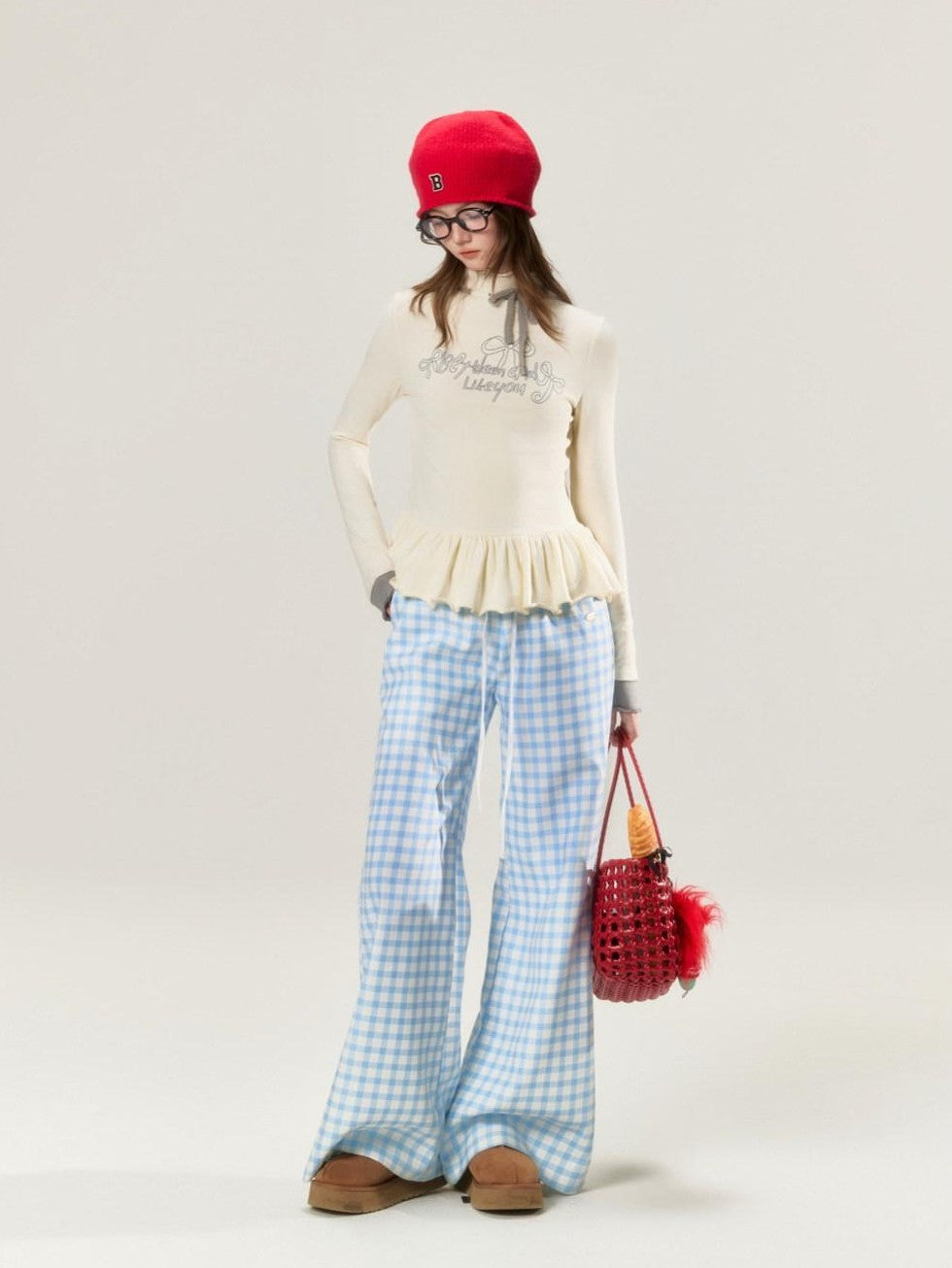 BETWEENAND Sky Blue Plaid Lace Trim Slimming Women&