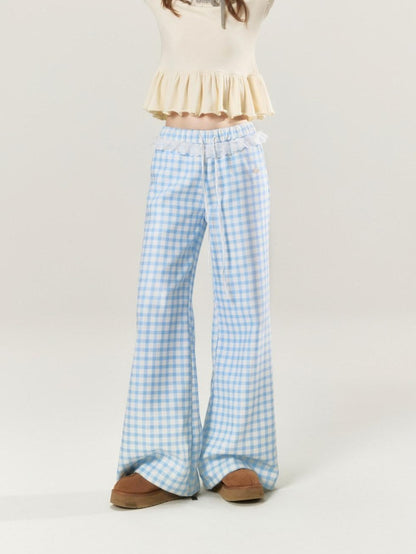 BETWEENAND Sky Blue Plaid Lace Trim Slimming Women&