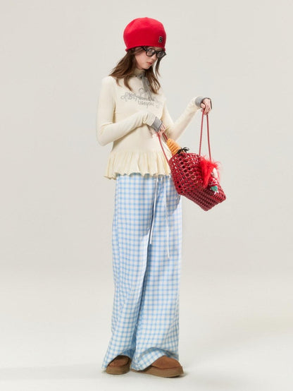BETWEENAND Sky Blue Plaid Lace Trim Slimming Women&