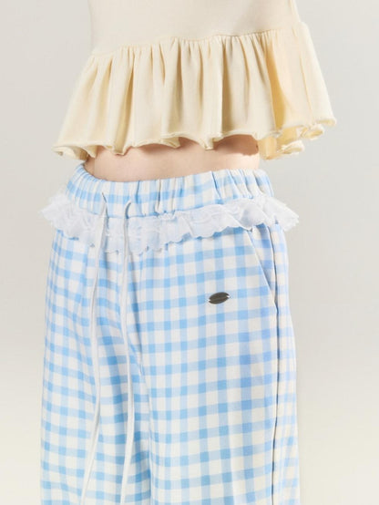BETWEENAND Sky Blue Plaid Lace Trim Slimming Women&