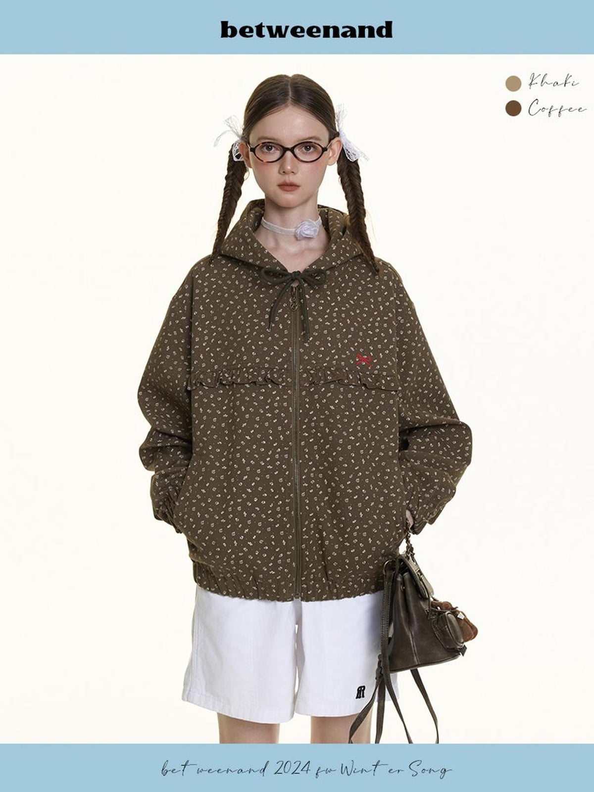BETWEENAND Small Floral Print Ruffle Trim Hooded Women&