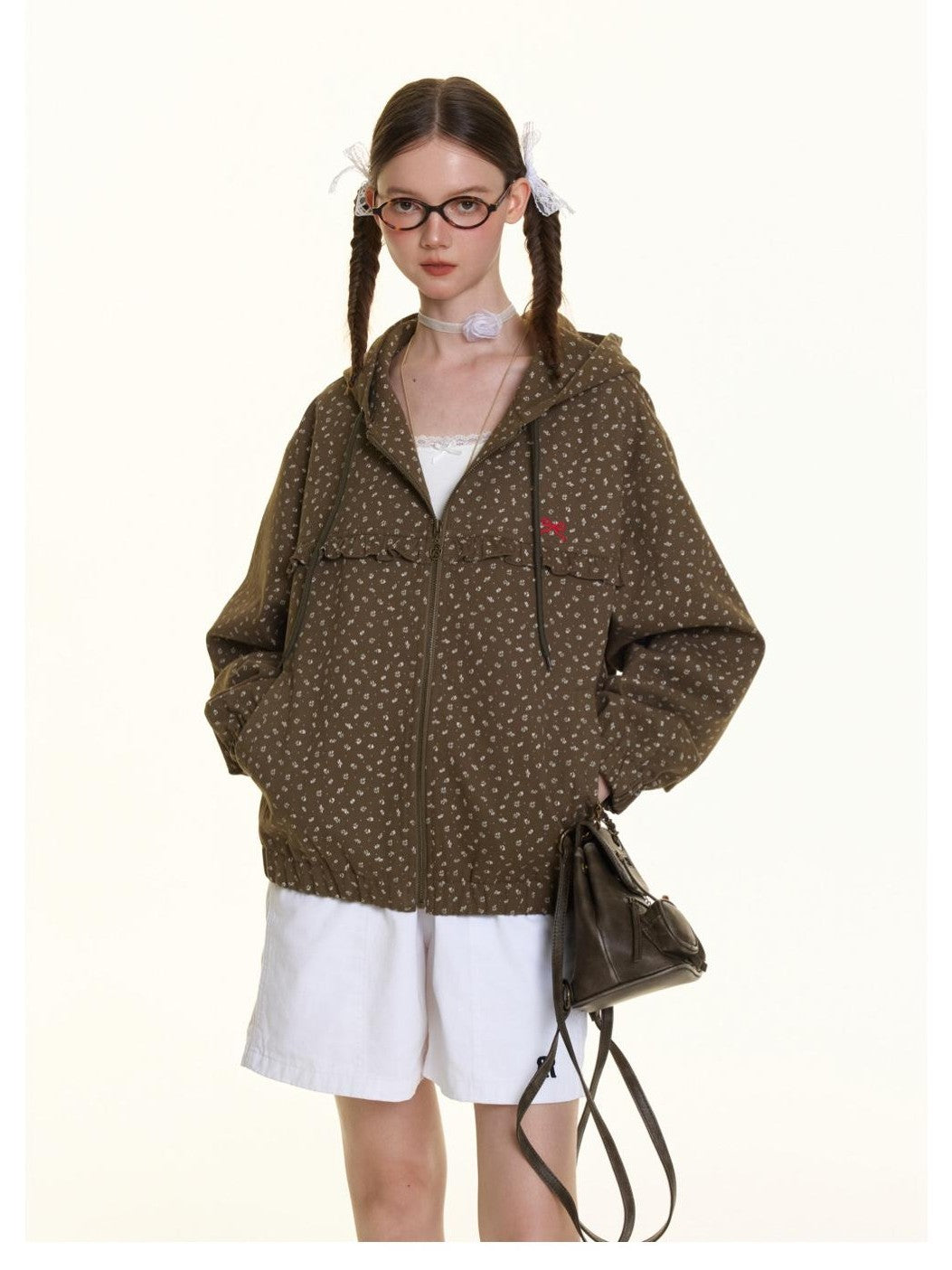 BETWEENAND Small Floral Print Ruffle Trim Hooded Women&