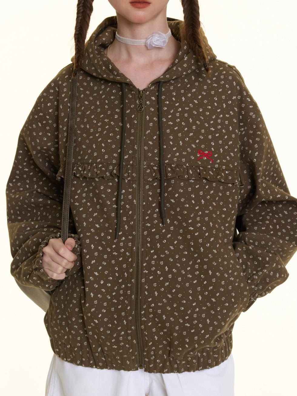 BETWEENAND Small Floral Print Ruffle Trim Hooded Women&