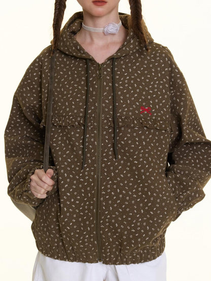 BETWEENAND Small Floral Print Ruffle Trim Hooded Women&