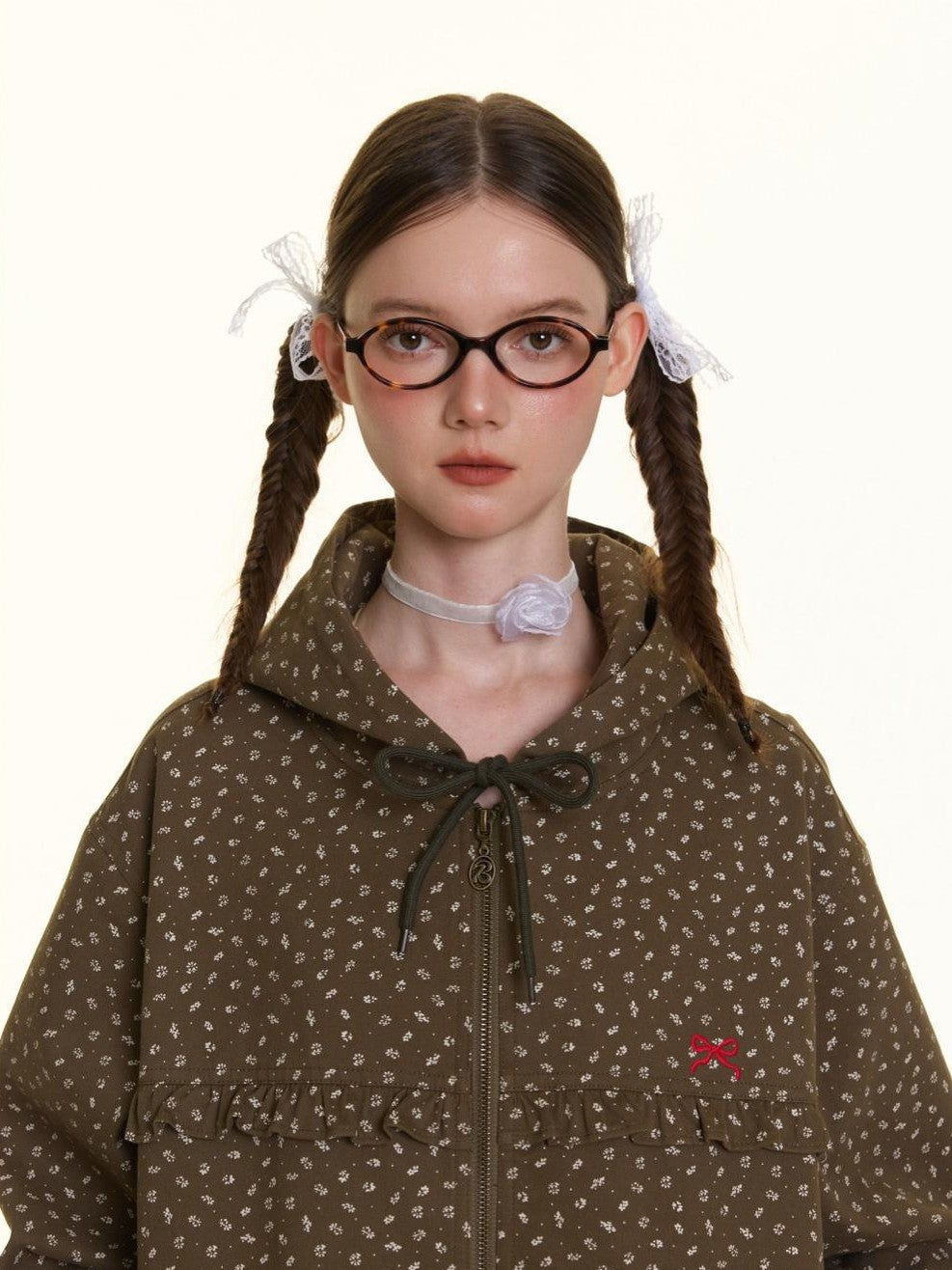 BETWEENAND Small Floral Print Ruffle Trim Hooded Women&