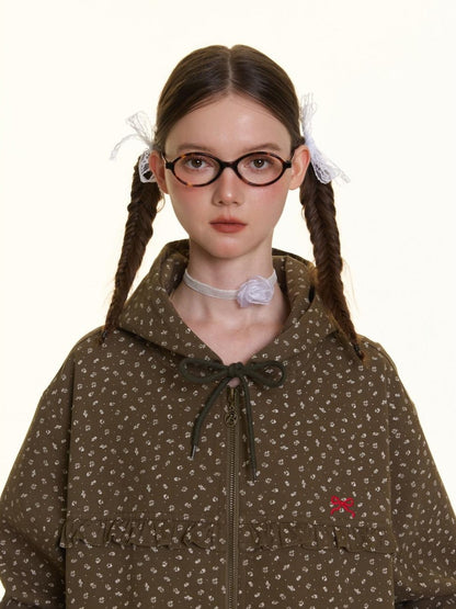 BETWEENAND Small Floral Print Ruffle Trim Hooded Women&