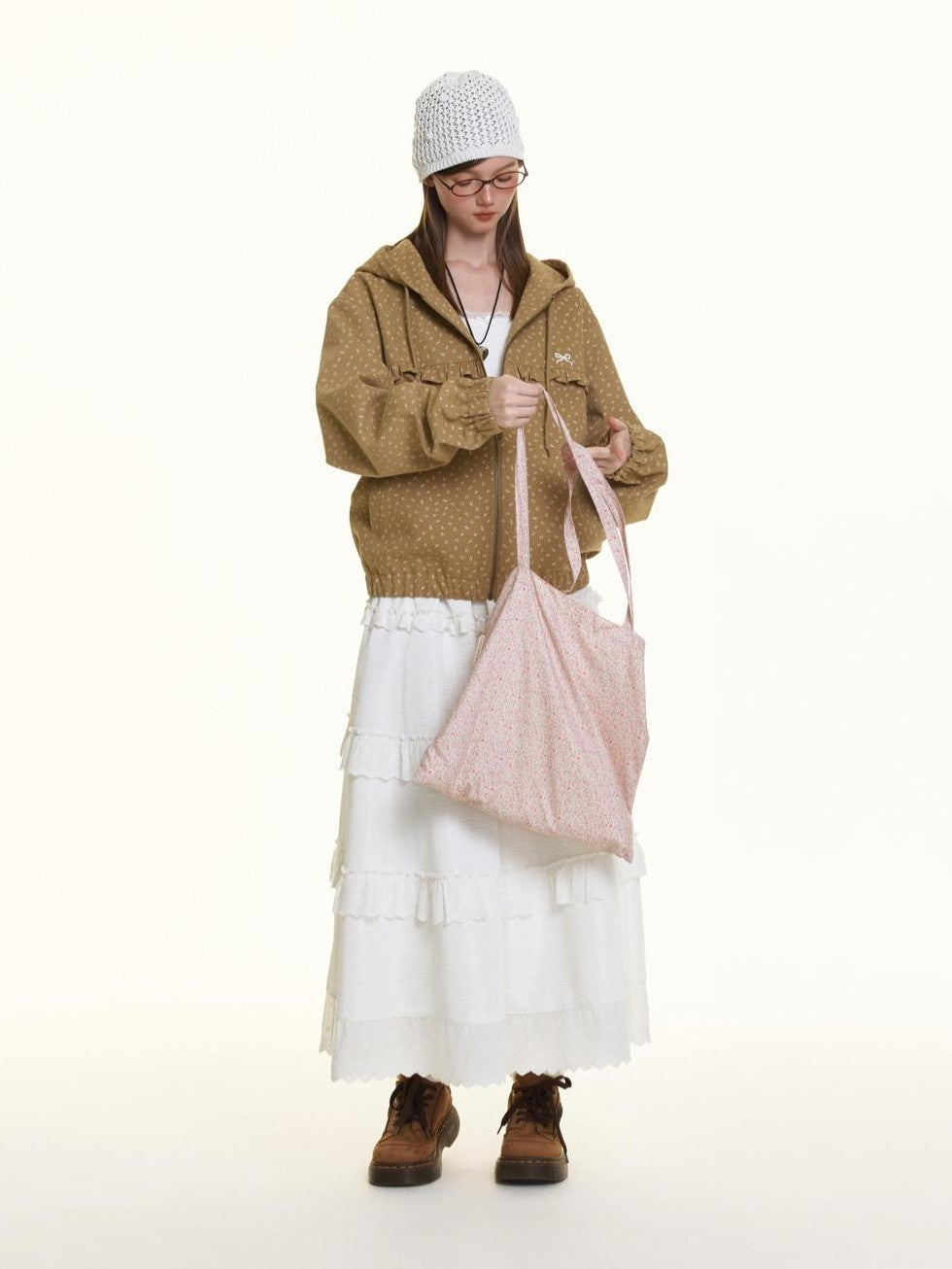 BETWEENAND Small Floral Print Ruffle Trim Hooded Women&