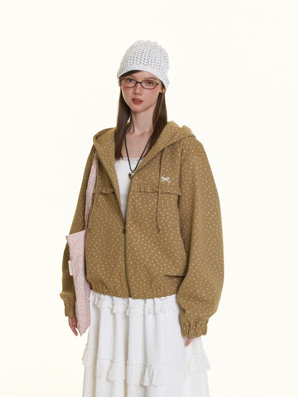 BETWEENAND Small Floral Print Ruffle Trim Hooded Women&