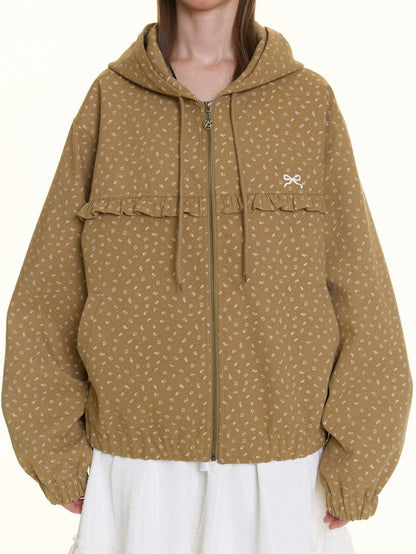 BETWEENAND Small Floral Print Ruffle Trim Hooded Women&