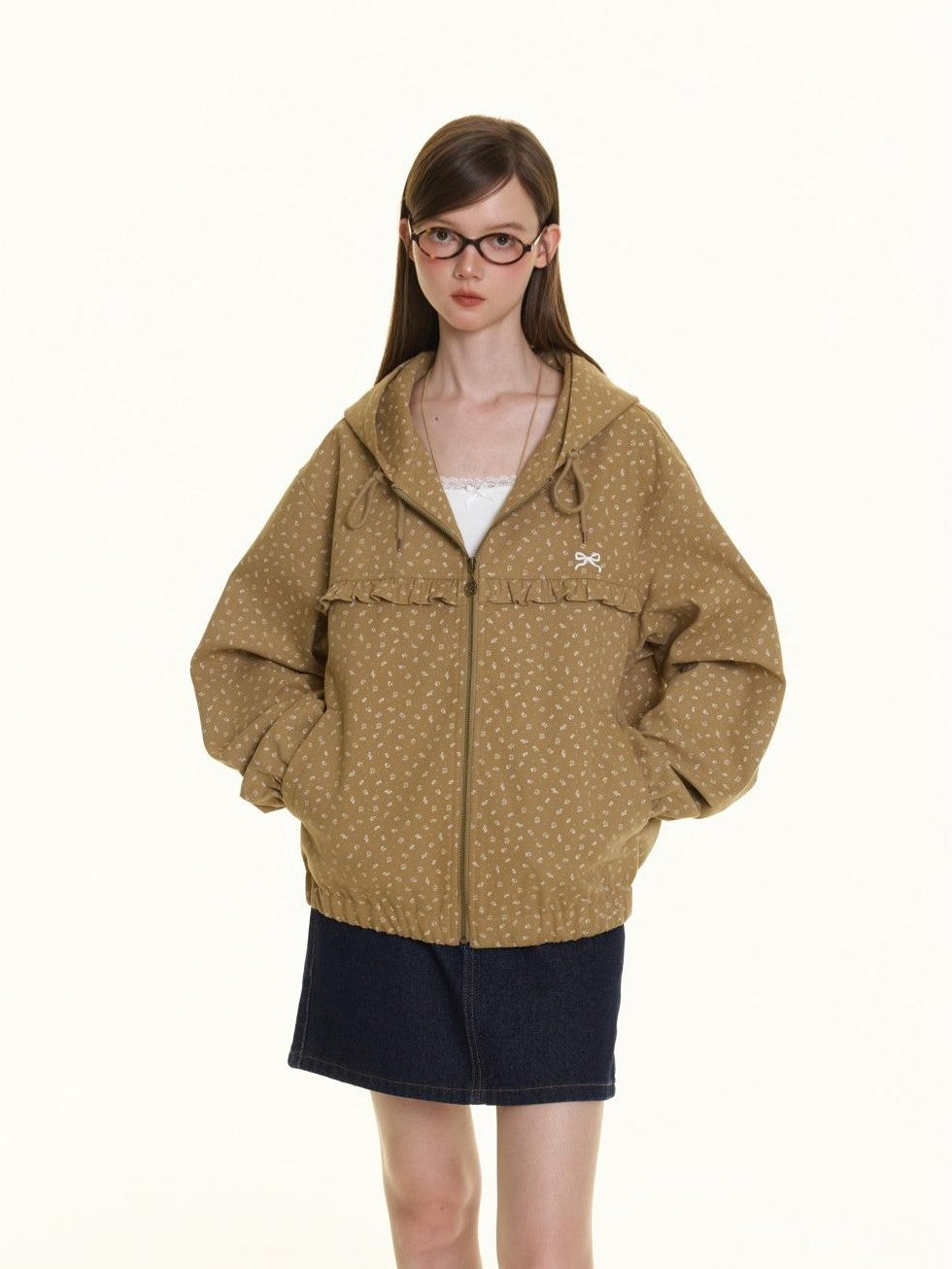 BETWEENAND Small Floral Print Ruffle Trim Hooded Women&