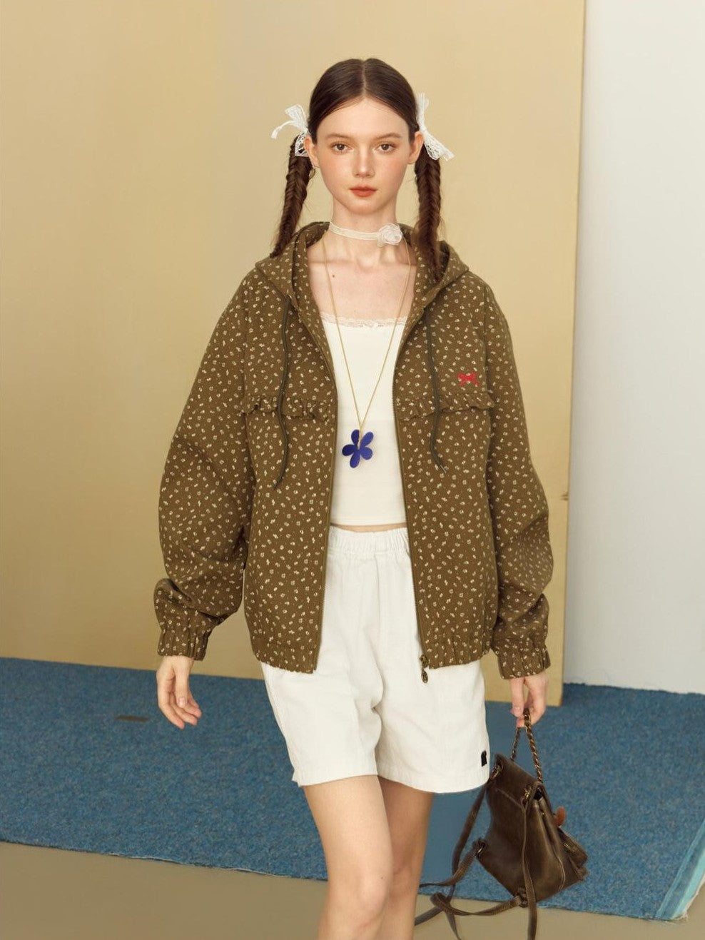 BETWEENAND Small Floral Print Ruffle Trim Hooded Women&