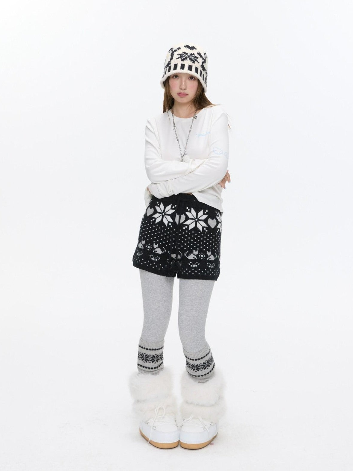 BETWEENAND Snowflake Polka Vintage High Waist Knitted Women&