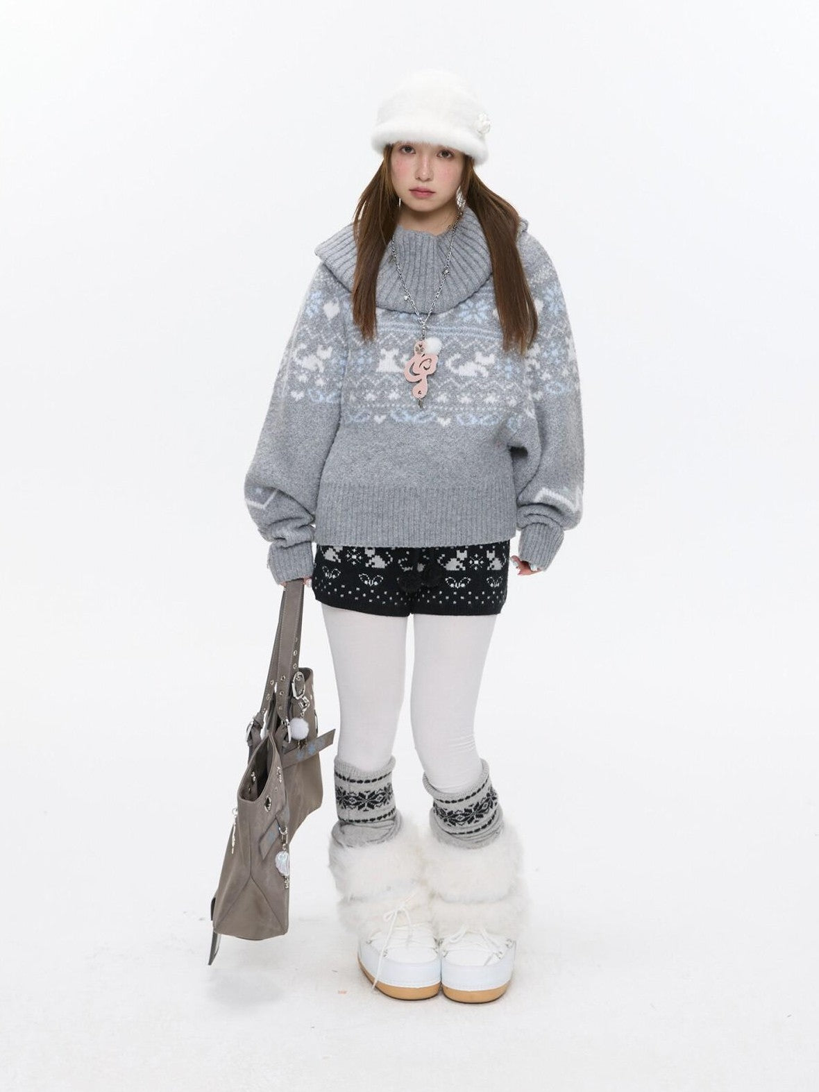 BETWEENAND Snowflake Polka Vintage High Waist Knitted Women&
