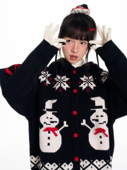 BETWEENAND Snowman Bow Jacquard Embroidered Hooded Women&