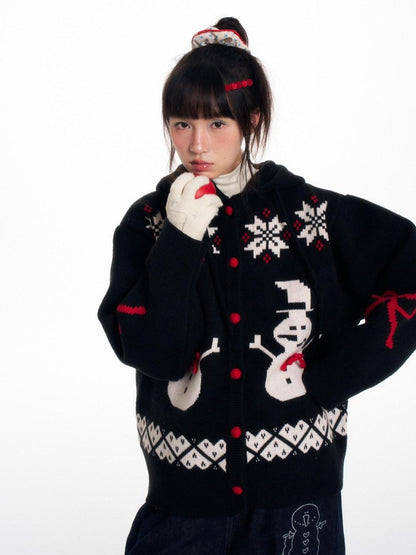 BETWEENAND Snowman Bow Jacquard Embroidered Hooded Women&