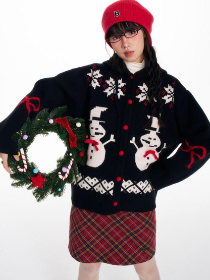 BETWEENAND Snowman Bow Jacquard Embroidered Hooded Women&